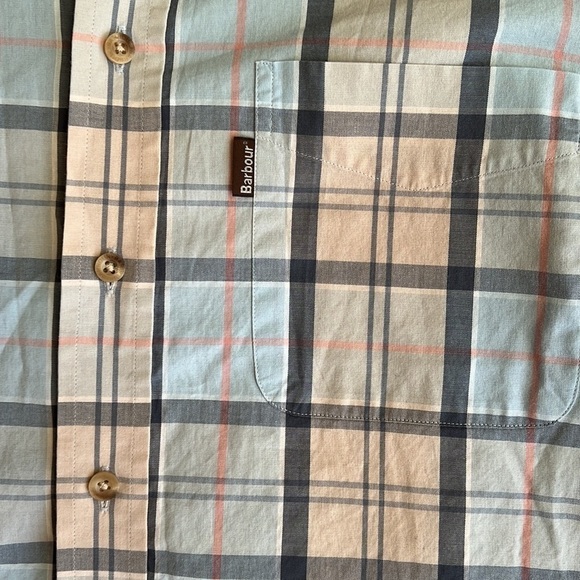 Barbour Heritage Button Down Tailored Long Sleeve Shirt Light Blue Tan Plaid - Picture 3 of 9